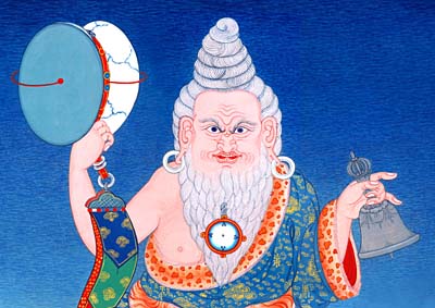 detail of Thangka of Rangrig Togden showing his bell and drum